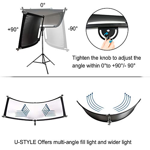 FUDESY Curved Reflector, 67"x24" Clamshell Light Reflector with 4-in-1 Fabric Black/White/Gold/Silver, U-Shape Lighting Diffuser with Carrying Bag for Photography Studio Portrait Video Shooting