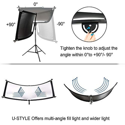 FUDESY Curved Reflector, 67"x24" Clamshell Light Reflector with 4-in-1 Fabric Black/White/Gold/Silver, U-Shape Lighting Diffuser with Carrying Bag for Photography Studio Portrait Video Shooting