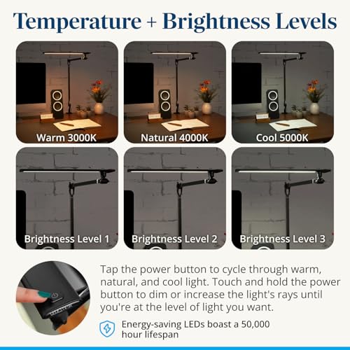 UPLIFTDESK E7 LED Desk Lamp – Adjustable 3 Color Modes, Dimmable Home Office Desk Light for Standing Desk, Dual Monitors, Aluminum Task Lamp (Silver Lamp, Silver Base) - color: Silver Lamp Silver Base