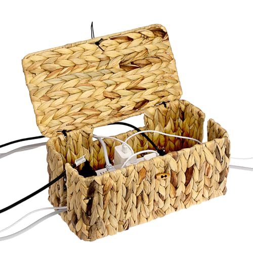 BTSKY Woven Cable Management Box with Lid, Water Hyacinth Cord Organizer for Desk, Cable Organizer Box with 2-Open Slots to Hide Power Strips USB Hubs for Home & Office, Pet Proofing Cord Basket, L - size: L