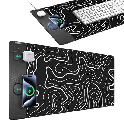 Mouse Pad with Wireless Charging, Gaming Mouse Pad with Ultra-Smooth Surface, Large XXL Desk Mat, Non-Slip Mouse Mat, Waterproof Computer Keyboard Pad for Gaming, Desk, Office, PC, 800x400x4MM, Black - color: Black and Topographic Line - 31.5"x15.7"