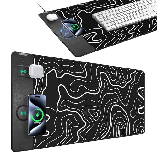 Mouse Pad with Wireless Charging, Gaming Mouse Pad with Ultra-Smooth Surface, Large XXL Desk Mat, Non-Slip Mouse Mat, Waterproof Computer Keyboard Pad for Gaming, Desk, Office, PC, 800x400x4MM, Black - color: Black and Topographic Line - 31.5"x15.7"