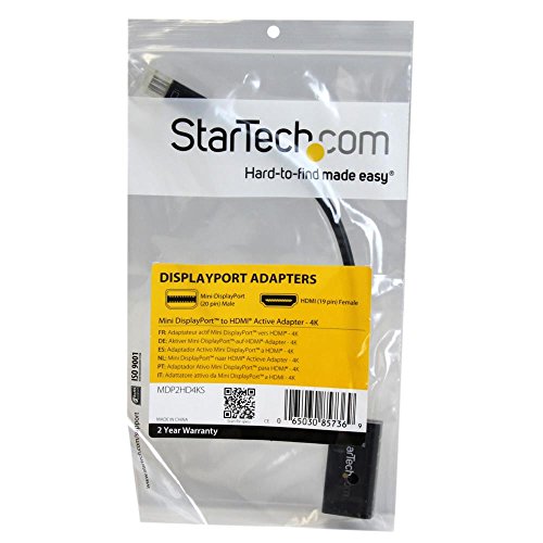 StarTech Active Mini DP to HDMI Adapter, 4K 30Hz, 1080p, DPCP (MDP2HD4KS) | mDP to HDMI Video Converter, Thunderbolt 1/2 Mac/PC to Monitor/TV, 7.1ch Audio, HDCP 1.4, No Drivers, 3840x2160, 1920 x 1200 - color: Black, style: 4K 30Hz