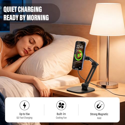 APPS2Car Qi2 15W Wireless Charger Stand for MagSafe, Height Adjustable Foldable iPhone Stand with Metal Base for iPhone 17/16/15/14/13/12 Series, No Adapter - color: Black - Wireless Charging Stand