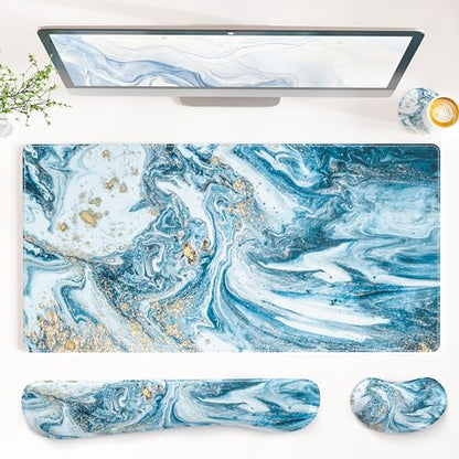 QIYI Leather Desk Mat Set, 4-in-1 Large Mouse Pad with Ergonomic Wrist Rest, Waterproof Desk Pad + Keyboard Wrist Rest + Mouse Wrist Support + Coaster, Non-Slip Office Gaming Accessories, Blue Marble - color: Blue Marble