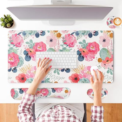QIYI Leather Desk Mat Set, 4-in-1 Large Mouse Pad with Ergonomic Wrist Rest, Waterproof Desk Pad + Keyboard Wrist Rest + Mouse Wrist Support + Coaster, Non-Slip Office Gaming Accessories, Pink Flowers - color: Watercolor Pink Flowers