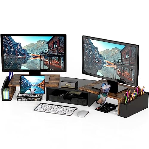 Simple Houseware Desk Dual Monitor Stand Riser with Drawer, Rustic Brown - color: Rustic Brown