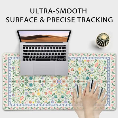 Green Floral Desk Mat, 31.5"x15.7" Large Mouse Pad, Anti-Slip Rubber Base Keyboard Pad with Stitched Edges, Water-Resistant Smooth Desk Blotter, Computer Mat for Home Office Desk - color: Green Floral
