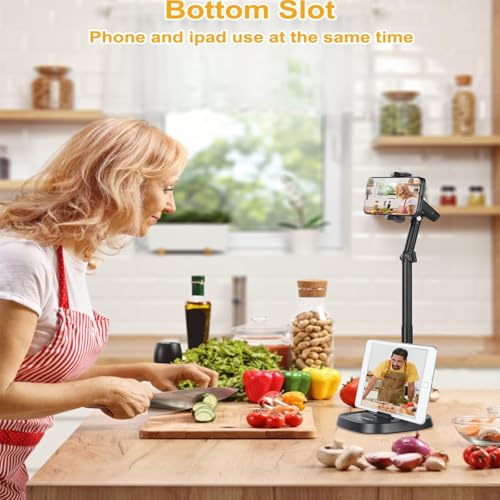 Adjustable Height Phone Stand for Desk, Angle Adjustable Desktop Phone Holder with 360°Rotation Ball-Head,Weighted Base and Aluminum Alloy Support Rod for Phone 4”-7” - color: T10Black