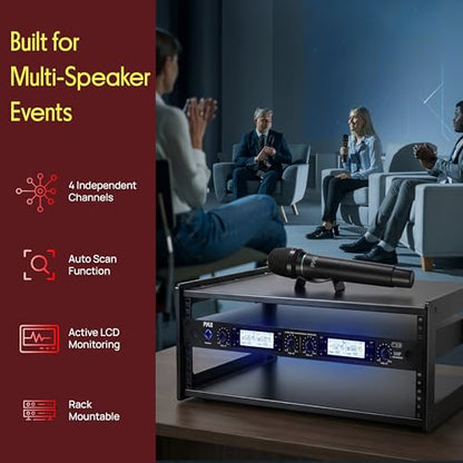 Pyle 4 Channel UHF Wireless Microphone System with 3 Handheld Mics, Lavalier & Headset Mic, 300 Ft Range, Selectable Frequencies & Rack Mount Receiver for Conferences, Hosting, Church & PA Systems - style: 4-Channel Handheld-Headset-Lavalier