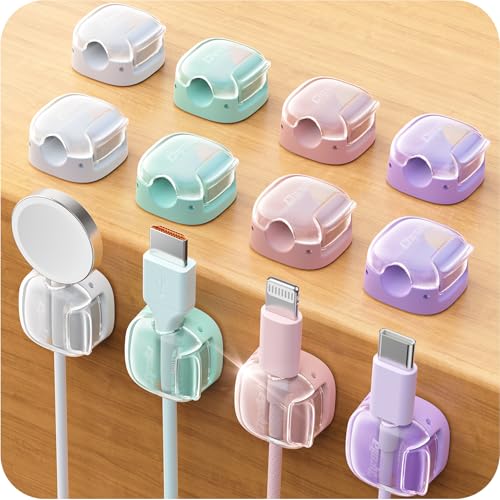 Cable Clips,12 Pack Cord Holder Cord Organizer [1s Lock & Strongest Adhesive] Spring Cord Clips Phone Charger Wire Desk Cable Management Nightstand Home Office School Decor Women Cute Desk Accessories - color: Pink/Green/Purple/White, size: 12 Pack