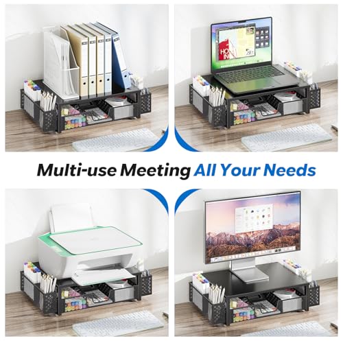 Simple Trending Desk Organizer and Accessories, 2-Tier Computer Monitor Stand Riser with Drawer & 2 Pen Holders, Office Desk Accessories & Workspace, Laptop & Printer Stand for Desktop, Black - size: 18.5"W x 9.5"D x 4.75"H