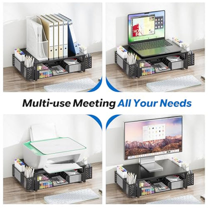 Simple Trending Desk Organizer and Accessories, 2-Tier Computer Monitor Stand Riser with Drawer & 2 Pen Holders, Office Desk Accessories & Workspace, Laptop & Printer Stand for Desktop, Black - size: 18.5"W x 9.5"D x 4.75"H