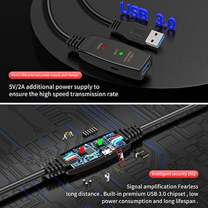 75ft Active USB 3.0 Extension Cable with Signal Booster, USB A Male to Female Extender Cord, Includes Micro USB Power Cable for VR Headset, Webcam, Hard Drive, Printer, Xbox, Plug and Play - size: 75FT