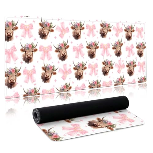 Large Pink Bow Highland Cow Desk Matt for Desktop,Cute Desk Pad Mat,Large Mouse Pad,Highland Cow Desk Accessories,Anti Slip Mousepad with Stitched Edges,Keyboard Pad Mouse Mat for Computer,Work,Gaming - color: Bowcow