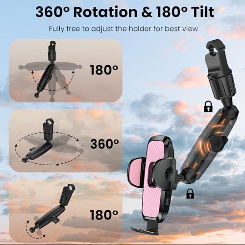 Rear View Mirror Phone Holder, 360° Rotating Car Phone Holder Mount Compatible with All 4-7 Inch iPhone and Android Cell Phones (Pink) - style: Pink