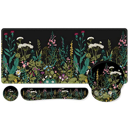 iCasso Large Mouse Pad, Mouse Pad Wrist Support Set,4in1 XXL Large Mousepad + Keyboard Wrist Rest+Mouse Wrist Rest+Coaster Set with Ergonomic Design for Home Office Table Computer-Weeds - color: Weeds