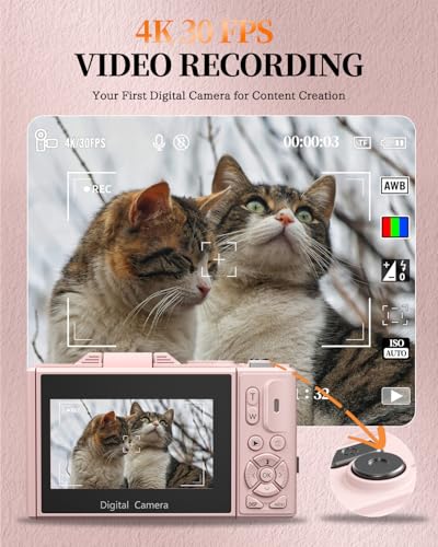 4K Digital Camera for Beginners & Teens, Compact Vlogging Camera with 180° Flip Screen, Autofocus, Easy-to-Use for Travel & YouTube, 18X Zoom, WiFi, 2 Batteries, 32GB Card - color: light pink