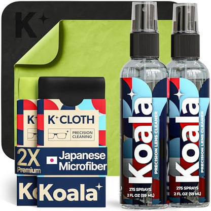 Koala Eyeglass Lens Cleaner Spray Kit | (2x) Glasses Cleaner Bottle + (2x) Microfiber Cloth | Alcohol Free Eyeglasses, Screen, and Camera Cleaning Kit | Made in USA (4 Piece Set) - size: 4 Piece Set