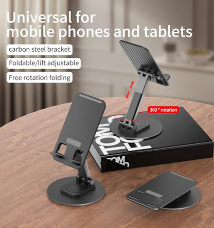 360° Rotating Cell Phone Stand for Desk, Adjustable & Foldable Phone Holder, Aluminum Desktop Phone Stand with Anti-Slip Base, Compatible with iPhone, iPad, Android Phones, K39B-Black