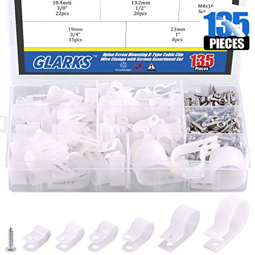 Glarks 135Pcs 6 Sizes 1/4''-1'' White Nylon Screw Mounting R-Type Cable Clip Wire Clamp with 132Pcs Screws for Wire, Cable, Conduit and Cable Conduit Kit (White) - color: White