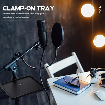 Microphone Stand Tray Adjustable Clamp on Shelf for Live Broadcast Sound Card Holder Mic Rack Stand Organizer for Singing Podcast Recording Streaming