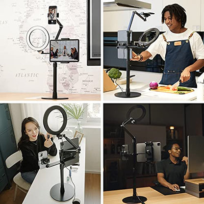 SupeDesk Selfie Ring Light Phone Tablet Stand, 8" LED, 3-in-1, Overhead Phone Stand, Compatible with 4.5-13" Phone&Tablet, Adjustable Long Arm, YouTube/Tiktok Video, Zoom, Live Stream
