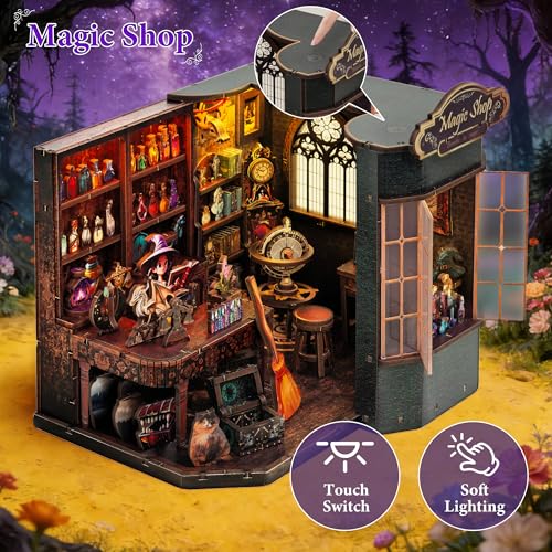 Book Nook Kit – DIY Miniature House Dollhouse for Adults & Teens, 3D Wooden Puzzle Tiny House Bookshelf Insert with LED Lights, Booknook Library Decor Gift for Family & Friends - style: Magic Shop