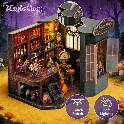 Book Nook Kit – DIY Miniature House Dollhouse for Adults & Teens, 3D Wooden Puzzle Tiny House Bookshelf Insert with LED Lights, Booknook Library Decor Gift for Family & Friends - style: Magic Shop