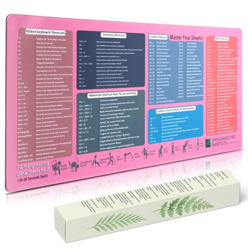 Excel Cheat Sheet Mouse Pad, XXL Non-Slip Desk Mat with Excel Shortcuts, Office Desk Pad for Spreadsheet Users, Accountants, Students & Home Office, Candy Pink - color: Candy Pink(XXL Single), size: 35.5L x 15.8W inches
