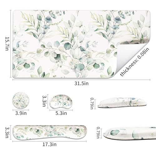 QIYI Leather Desk Mat Set, 4-in-1 Large Mouse Pad with Ergonomic Wrist Rest, Waterproof Desk Pad + Keyboard Wrist Rest + Mouse Wrist Support + Coaster, Non-Slip Office Gaming Accessories, Eucalyptus - color: Eucalyptus Branches