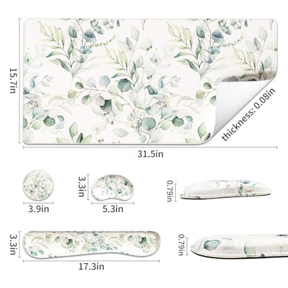 QIYI Leather Desk Mat Set, 4-in-1 Large Mouse Pad with Ergonomic Wrist Rest, Waterproof Desk Pad + Keyboard Wrist Rest + Mouse Wrist Support + Coaster, Non-Slip Office Gaming Accessories, Eucalyptus - color: Eucalyptus Branches
