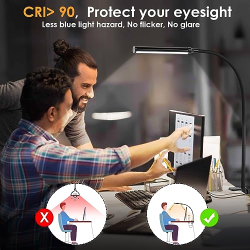 ShineTech LED Desk Lamp with Clamp, Eye-Caring Clip on Desk Light with 3 Color Modes & Stepless Dimming, 360° Flexible Gooseneck Desk Lamp for Home Office College Dorm with USB Adapter - color: 3CCT in One (3000K/4000K/6000K)