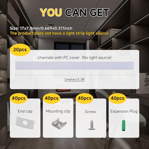 20-Pack 3.3ft/1m U-Shape LED Aluminum Channel System with Milky White Diffuser, LED Strip Light Track and Cover for Under Cabinet, Stairs, Ceiling, Fits ≤12mm Wide U Channel LED Strip ﻿ - color: Silver Aluminum + White Cover, size: 3.3FT/20P/#048
