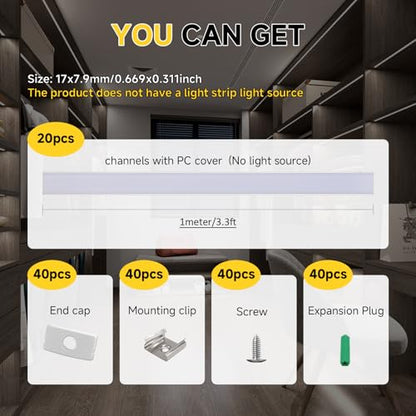 20-Pack 3.3ft/1m U-Shape LED Aluminum Channel System with Milky White Diffuser, LED Strip Light Track and Cover for Under Cabinet, Stairs, Ceiling, Fits ≤12mm Wide U Channel LED Strip ﻿ - color: Silver Aluminum + White Cover, size: 3.3FT/20P/#048