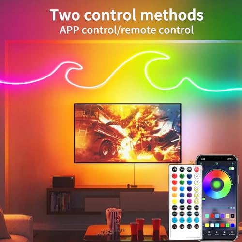 LED Neon Rope Lights 50FT,IP65 Waterproof LED Strip Lights,Music Sync LED Lights with Remote and APP Control, 24V RGB LED Rope Lights for Bedroom,Holiday Decoration（with Snap &Screws） - size: 50FT