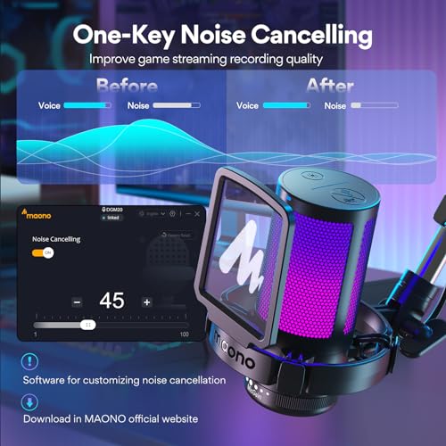 MAONO Gaming USB Microphone, Noise Cancellation Condenser mic with Mute, Gain, and Monitoring, Boom Arm for Streaming GamerWave DGM20S (Renewed)