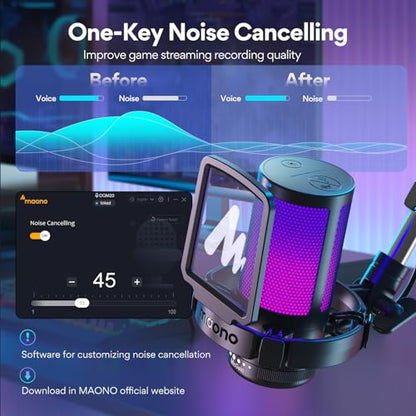 MAONO Gaming USB Microphone, Noise Cancellation Condenser mic with Mute, Gain, and Monitoring, Boom Arm for Streaming GamerWave DGM20S (Renewed)