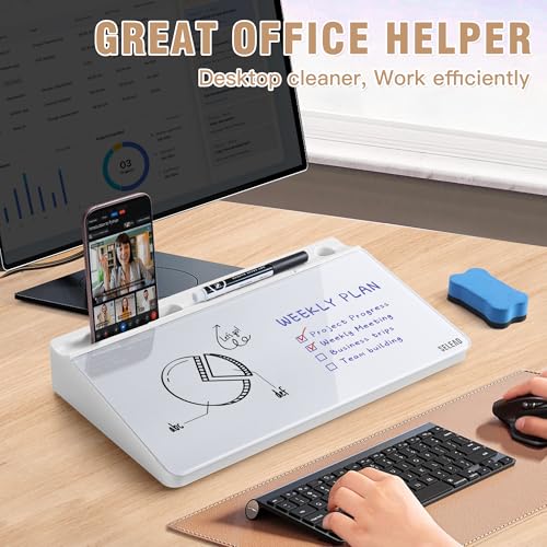 SELEAD Desktop Glass Whiteboard with Storage, Small Dry Erase White Board Computer Pad Keyboard Stand for Home, School, Office Desk Accessories - White - color: White