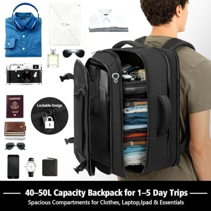 Ample Space Travel Backpack with LifetimeWarranty,Expandable Carry on Backpack with Cable Access Port,Fits 17.3"Laptop Notebook,Water Resistant Weekender Backpack Business Trips,Daily Travel,Black - color: Black, size: 17.3inch (19"x12.5"x8.5")