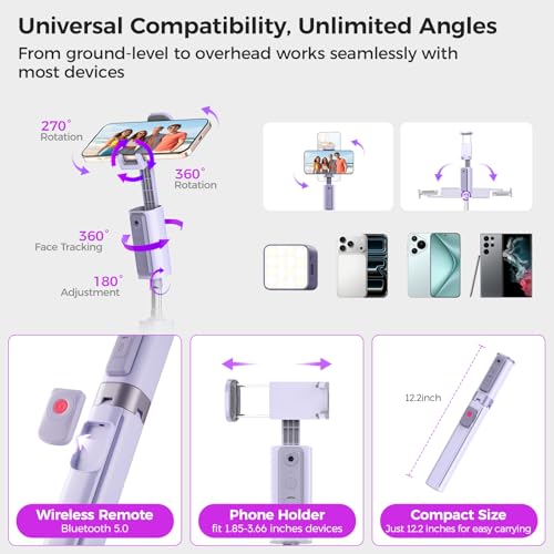Funme 59'' Auto Face Tracking Tripod, 360° Rotation Selfie Stick for iPhone & Android with Wireless Remote, No App Required, Gesture Control for Vlog - color: Purple