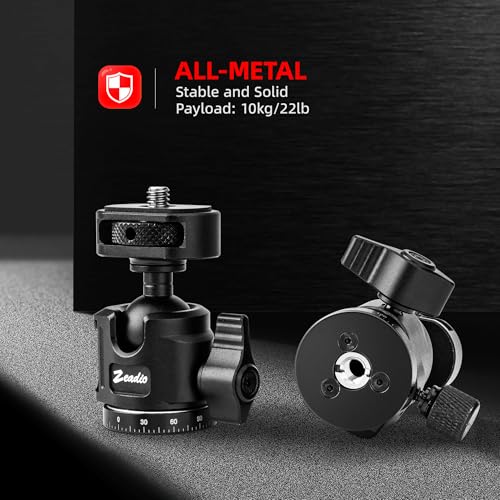 Zeadio Ball Head Mount with 1/4" & 3/8" Thread - 360° Panoramic Heavy Duty Metal Camera Mount Tripod Head for DSLR, Gimbal, Action Cam (Small,Height 64cm)