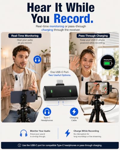 Wireless Lavalier Microphone for iPhone/Samsung/Android, 2 Mics, USB-C Port | 2 Clip-On Mics with Noise Reduction, 34h Using Time with Charging Case, 48kHz Audio 66ft Range for Video Recording USB C