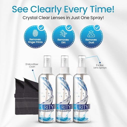 Purity Eyeglass Lens Cleaner Spray Kit - 3 x 8oz Lens Cleaner Spray Bottle + 2 Microfiber Cloth for Cleaning - Safe for All Lenses (AR Coated Included), Eyeglasses and Screens - style: 5 Piece Set - 3 (8oz Lens Spray) + 2 (Microfiber Cloth)