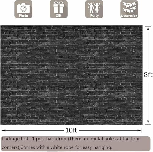 Black Brick Wall Backdrop 10x8ft Photoshoot Brick Photography Backdrops for Wall Video Photo Background Baby Shower Birthday Party Decorations Banner Wallpaper Studio Booth Props Polyester Fabric