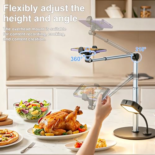 Overhead Phone Mount with Rechargeable & Gooseneck Light for Cooking Videos, Adjustable Desk Stand for Content Creators, Tripod for Hands-Free Video Recording, Compatible with Smart Phones