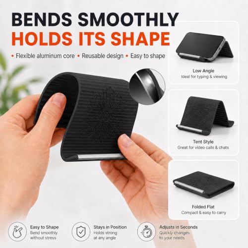 Foldable Silicone Aluminum Phone Holder, Adjustable Anti-Slip Flexible Silicone Phone Holder, Folded into Any Shape, Airplane Cellphone Holder for Home Office Travel Treadmill (Black) - color: Black-1PCS