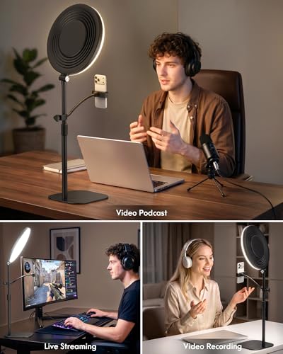 Full-Panel Ring Light with Stand and Extra-Long Flexible Phone Arm for Podcast & Streaming, 10" LED Video Light for Desk, Laptop & Computer, Dimmable Light for Video Recording & Content Creation