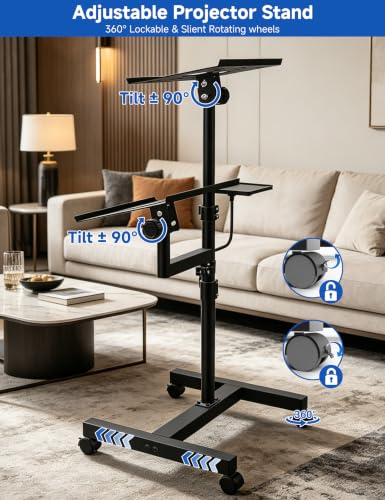 KOOV 2 Shelves Projector Stand, Max 47" Height Adjustable, Mobile Cart on Wheels, Projector Tripod Stand, Rolling Laptop Floor Stand, For Couch - size: 47inch
