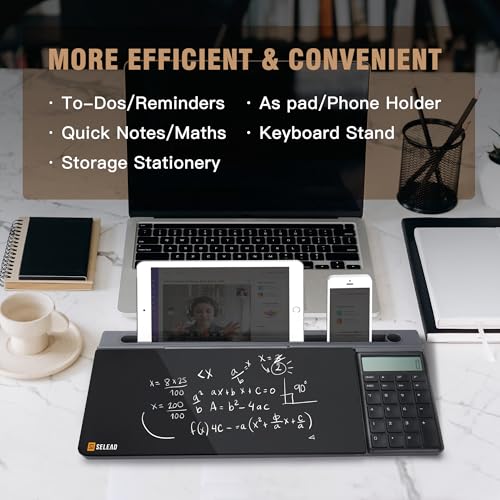 SELEAD Black Desktop Glass Board + Desk Dry Erase Board with Calculator, Tabeltop Storage Keyboard Stand for Home Office School